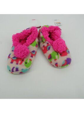 Sweet Plush Fleece Slippers Elephant Print Pink Faux Fur Trim S (5-6)